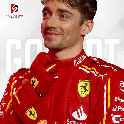 The 2024 Ferrari F1 racing suit features a striking red design, synonymous with the iconic Scuderia Ferrari brand. Constructed from high-performance, flame-resistant materials, it provides superior safety and comfort for drivers. The suit is adorned with Ferrari’s prancing horse logo and prominent sponsor branding, embodying the team’s rich legacy and cutting-edge technology.