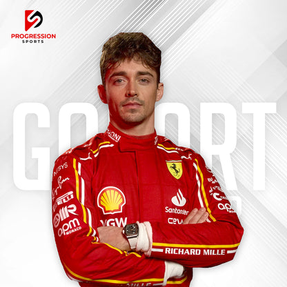 The 2024 Ferrari F1 racing suit features a striking red design, synonymous with the iconic Scuderia Ferrari brand. Constructed from high-performance, flame-resistant materials, it provides superior safety and comfort for drivers. The suit is adorned with Ferrari’s prancing horse logo and prominent sponsor branding, embodying the team’s rich legacy and cutting-edge technology.