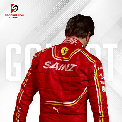 The 2024 Ferrari F1 racing suit features a striking red design, synonymous with the iconic Scuderia Ferrari brand. Constructed from high-performance, flame-resistant materials, it provides superior safety and comfort for drivers. The suit is adorned with Ferrari’s prancing horse logo and prominent sponsor branding, embodying the team’s rich legacy and cutting-edge technology.