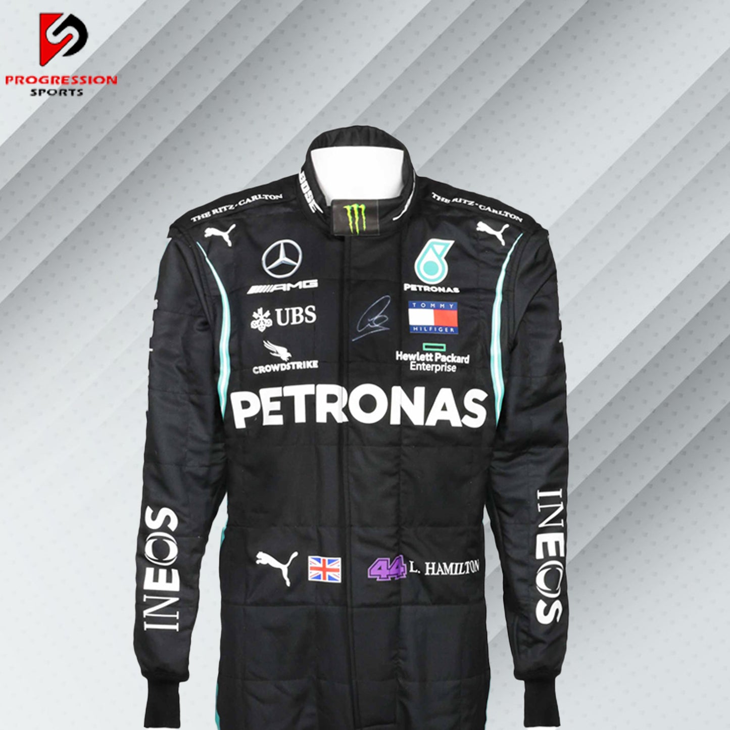 Experience the pinnacle of Formula 1 with the 2020 Mercedes racing suit. This suit showcases the superior engineering and sleek design that defined Mercedes' championship-winning season. Perfect for collectors and fans, it embodies the precision and dominance of a team at the top of their game. Own a piece of 2020 racing history and celebrate Mercedes' remarkable achievements in F1.