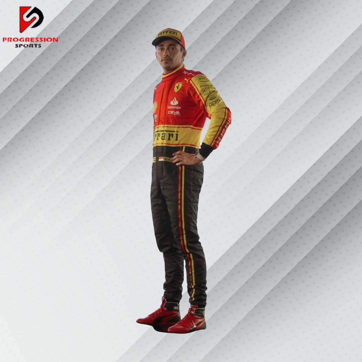 Experience the pinnacle of Formula 1 with the 2023 Scuderia Ferrari F1 racing suit. This suit combines Ferrari's storied tradition of excellence with cutting-edge design and technology, reflecting a dynamic season of performance and innovation. Perfect for collectors and fans, it represents the continued legacy and competitive spirit of Ferrari in 2023. Own a piece of racing history and celebrate the iconic Scuderia Ferrari team.