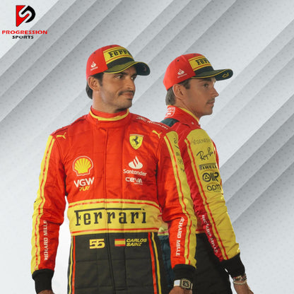 Experience the pinnacle of Formula 1 with the 2023 Scuderia Ferrari F1 racing suit. This suit combines Ferrari's storied tradition of excellence with cutting-edge design and technology, reflecting a dynamic season of performance and innovation. Perfect for collectors and fans, it represents the continued legacy and competitive spirit of Ferrari in 2023. Own a piece of racing history and celebrate the iconic Scuderia Ferrari team.