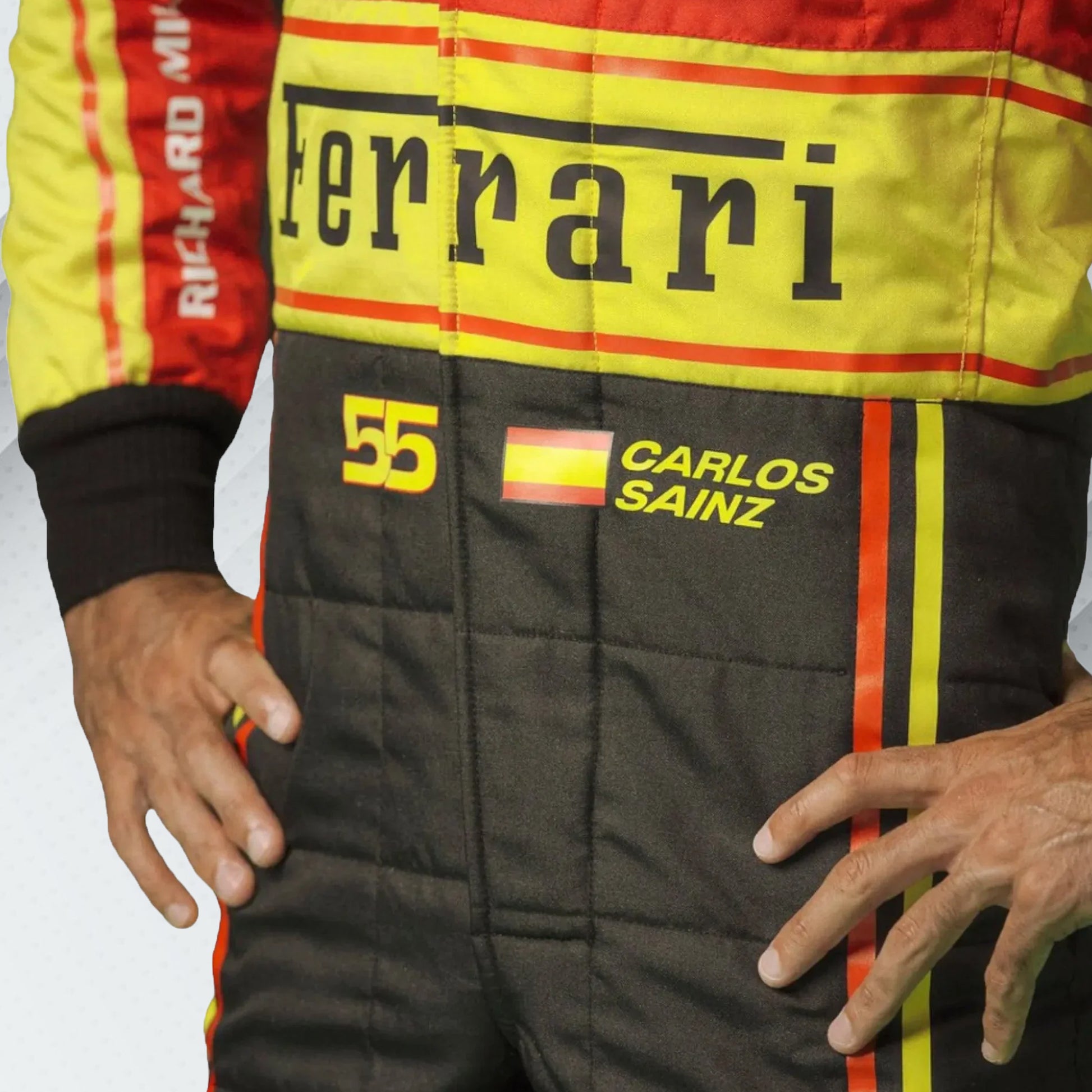 Experience the pinnacle of Formula 1 with the 2023 Scuderia Ferrari F1 racing suit. This suit combines Ferrari's storied tradition of excellence with cutting-edge design and technology, reflecting a dynamic season of performance and innovation. Perfect for collectors and fans, it represents the continued legacy and competitive spirit of Ferrari in 2023. Own a piece of racing history and celebrate the iconic Scuderia Ferrari team.