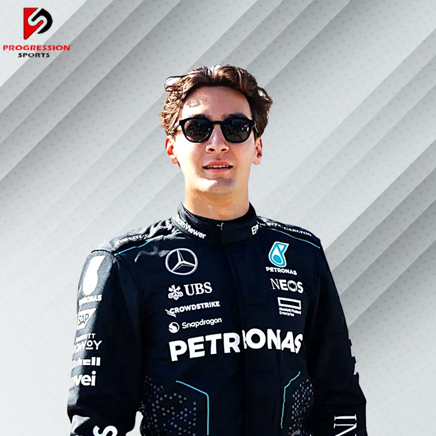 The 2024 Mercedes F1 racing suit features a sleek black and silver design, with prominent Mercedes and Petronas branding. Made from advanced lightweight materials, it ensures maximum comfort, safety, and performance for drivers.