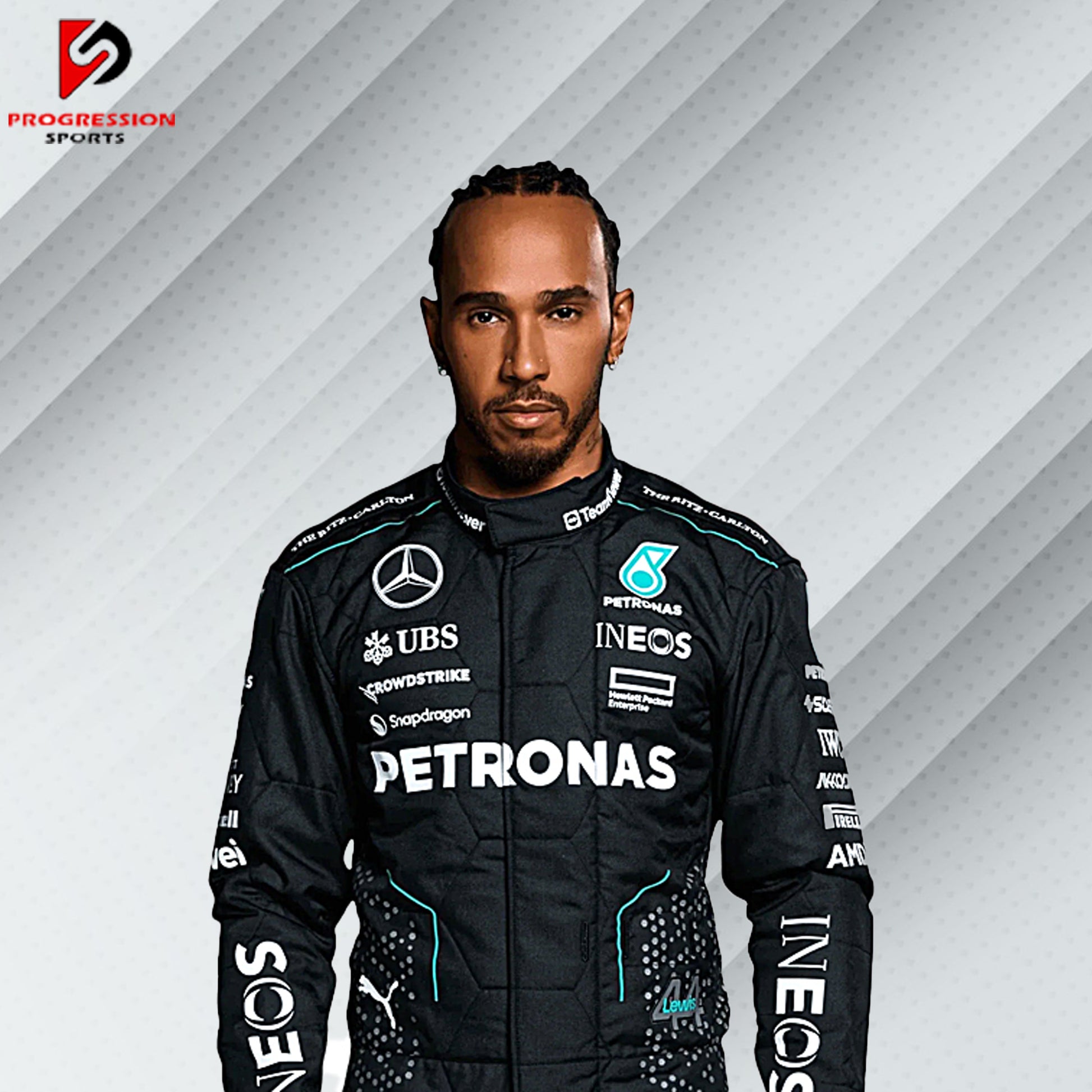  The 2024 Mercedes F1 racing suit features a sleek black and silver design, with prominent Mercedes and Petronas branding. Made from advanced lightweight materials, it ensures maximum comfort, safety, and performance for drivers.