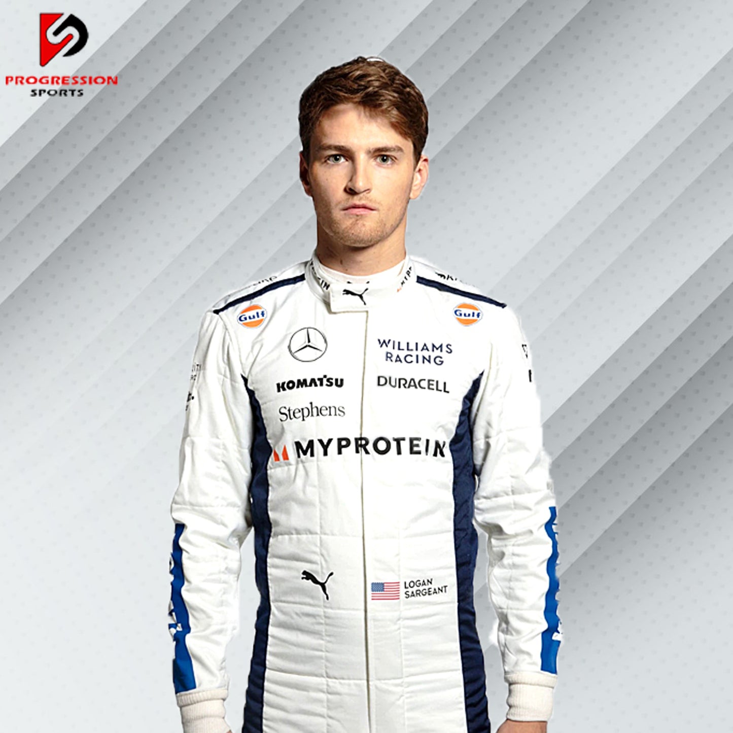 The 2024 Williams F1 racing suit features a striking combination of dark blue and white, accented with subtle red details. Crafted from advanced, lightweight, flame-resistant materials, it offers top-notch protection and comfort. Prominent Williams and primary sponsor logos adorn the suit, reflecting the team's rich history and modern design.