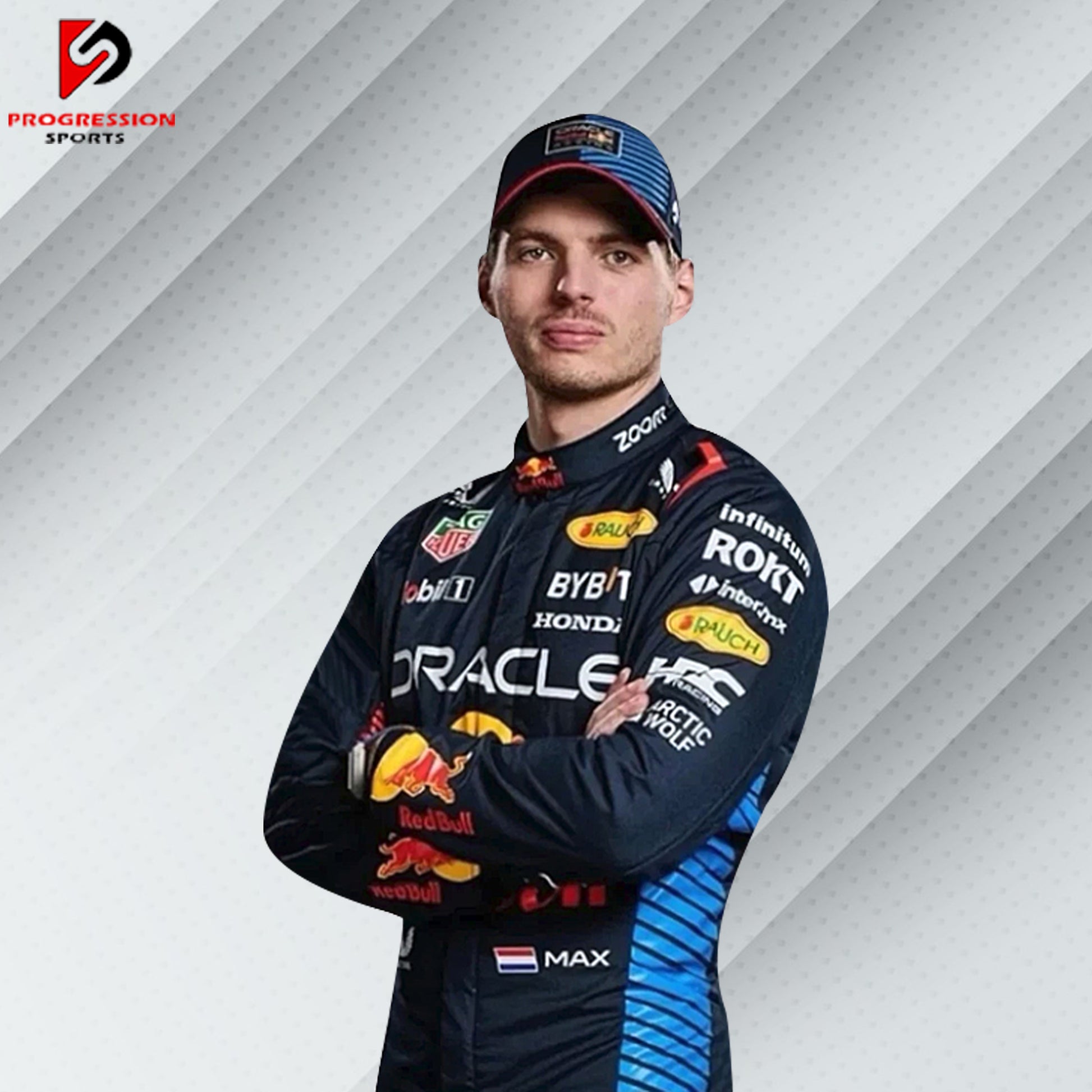 The 2024 Red Bull F1 racing suit is a vibrant blend of navy blue and bold red, with dynamic yellow accents. Made from cutting-edge, flame-resistant materials, it provides exceptional safety and comfort. The suit is emblazoned with Red Bull and key sponsor logos, capturing the energy and competitive spirit of the team.