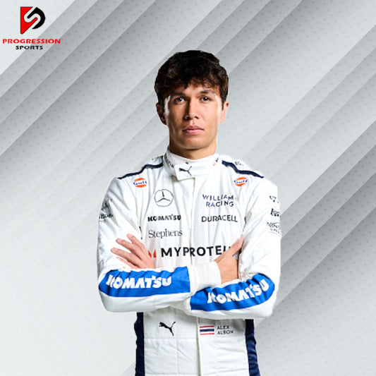 The 2024 Williams F1 racing suit features a striking combination of dark blue and white, accented with subtle red details. Crafted from advanced, lightweight, flame-resistant materials, it offers top-notch protection and comfort. Prominent Williams and primary sponsor logos adorn the suit, reflecting the team's rich history and modern design.