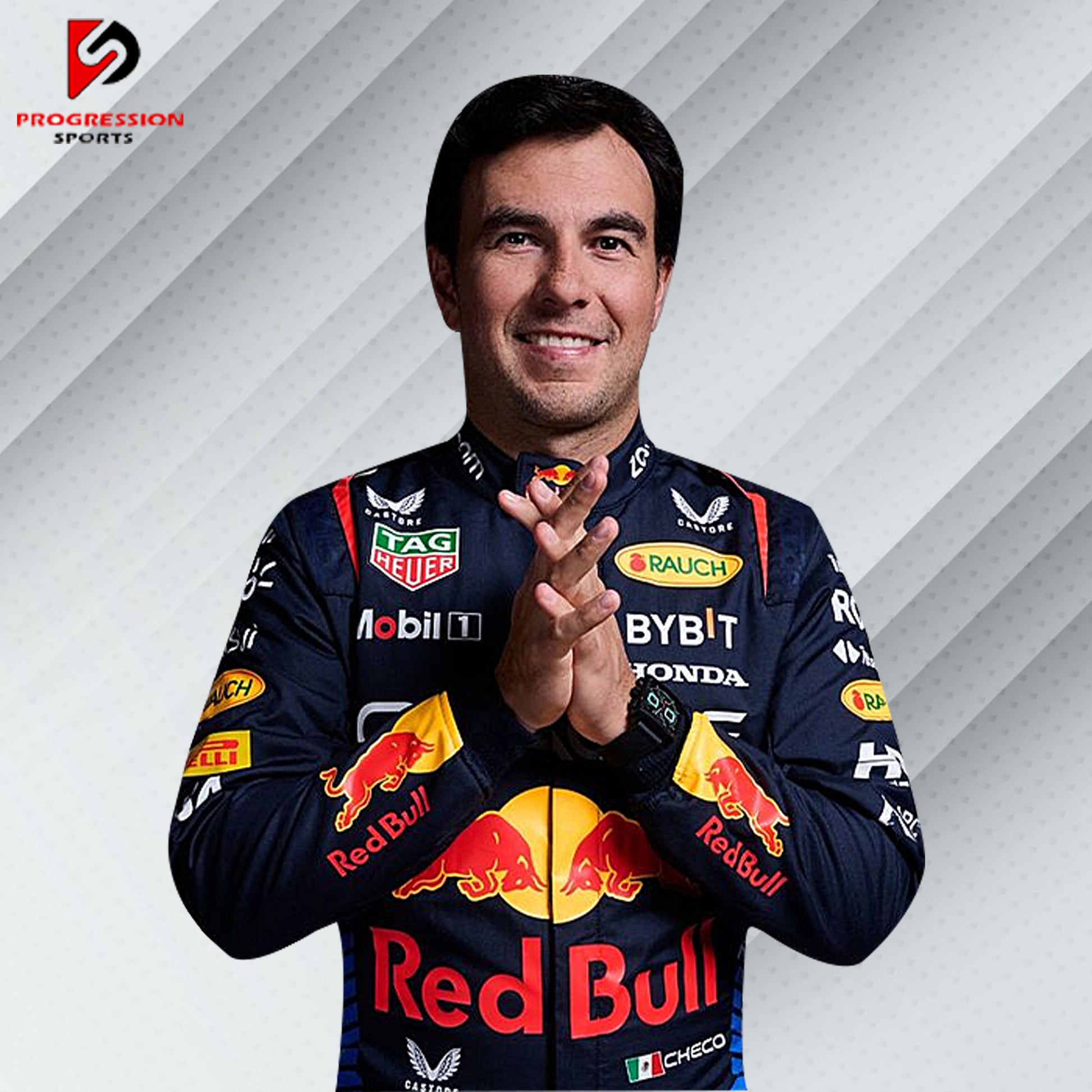 The 2024 Red Bull F1 racing suit is a vibrant blend of navy blue and bold red, with dynamic yellow accents. Made from cutting-edge, flame-resistant materials, it provides exceptional safety and comfort. The suit is emblazoned with Red Bull and key sponsor logos, capturing the energy and competitive spirit of the team.