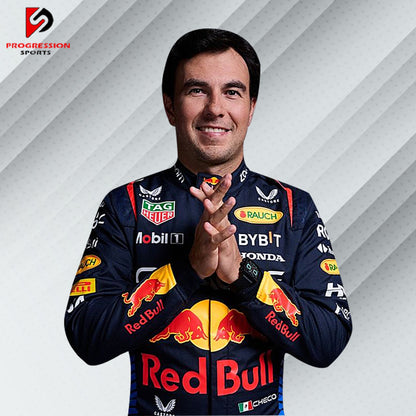 The 2024 Red Bull F1 racing suit is a vibrant blend of navy blue and bold red, with dynamic yellow accents. Made from cutting-edge, flame-resistant materials, it provides exceptional safety and comfort. The suit is emblazoned with Red Bull and key sponsor logos, capturing the energy and competitive spirit of the team.