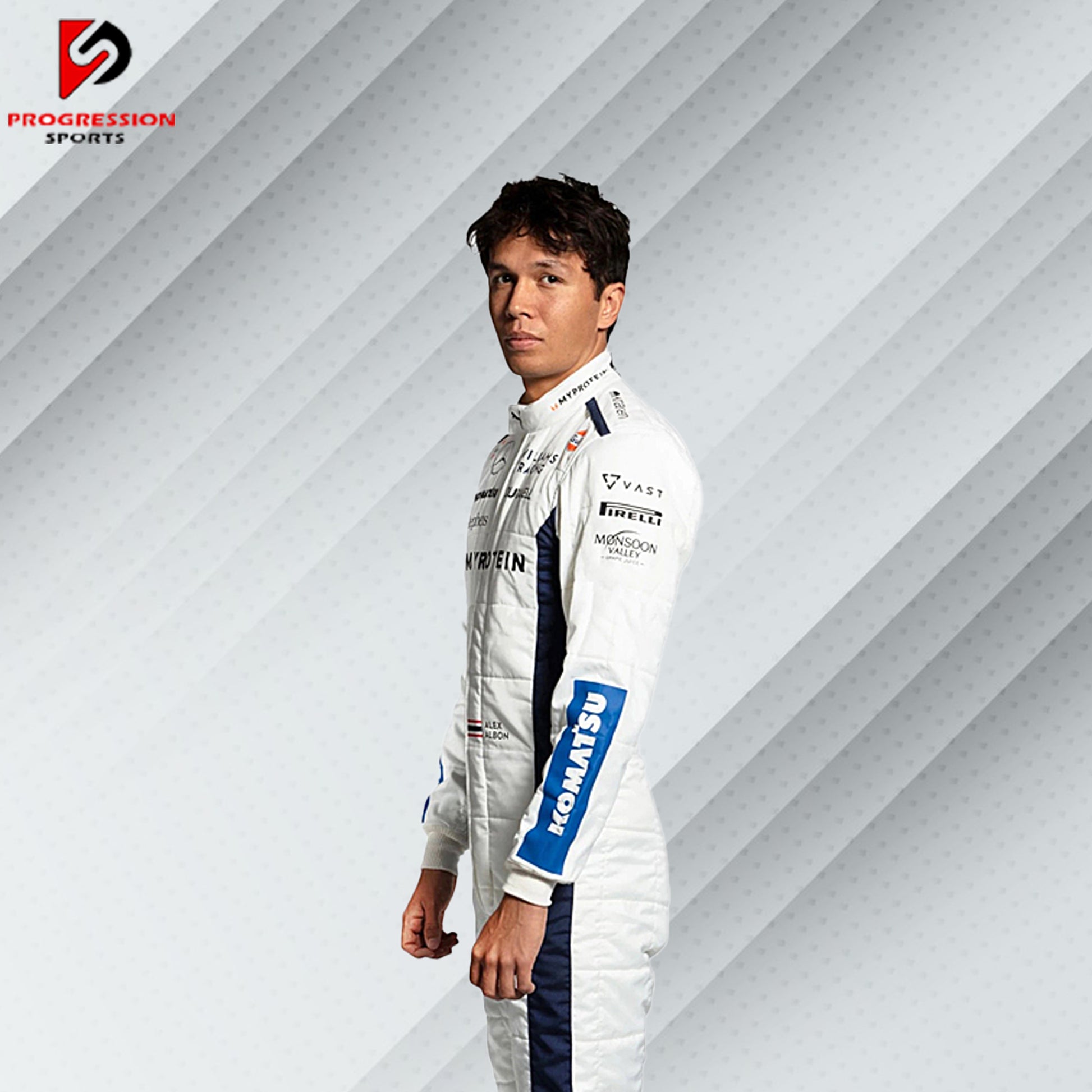 The 2024 Williams F1 racing suit features a striking combination of dark blue and white, accented with subtle red details. Crafted from advanced, lightweight, flame-resistant materials, it offers top-notch protection and comfort. Prominent Williams and primary sponsor logos adorn the suit, reflecting the team's rich history and modern design.