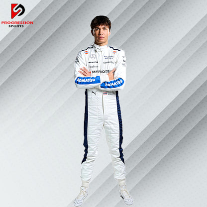 The 2024 Williams F1 racing suit features a striking combination of dark blue and white, accented with subtle red details. Crafted from advanced, lightweight, flame-resistant materials, it offers top-notch protection and comfort. Prominent Williams and primary sponsor logos adorn the suit, reflecting the team's rich history and modern design.