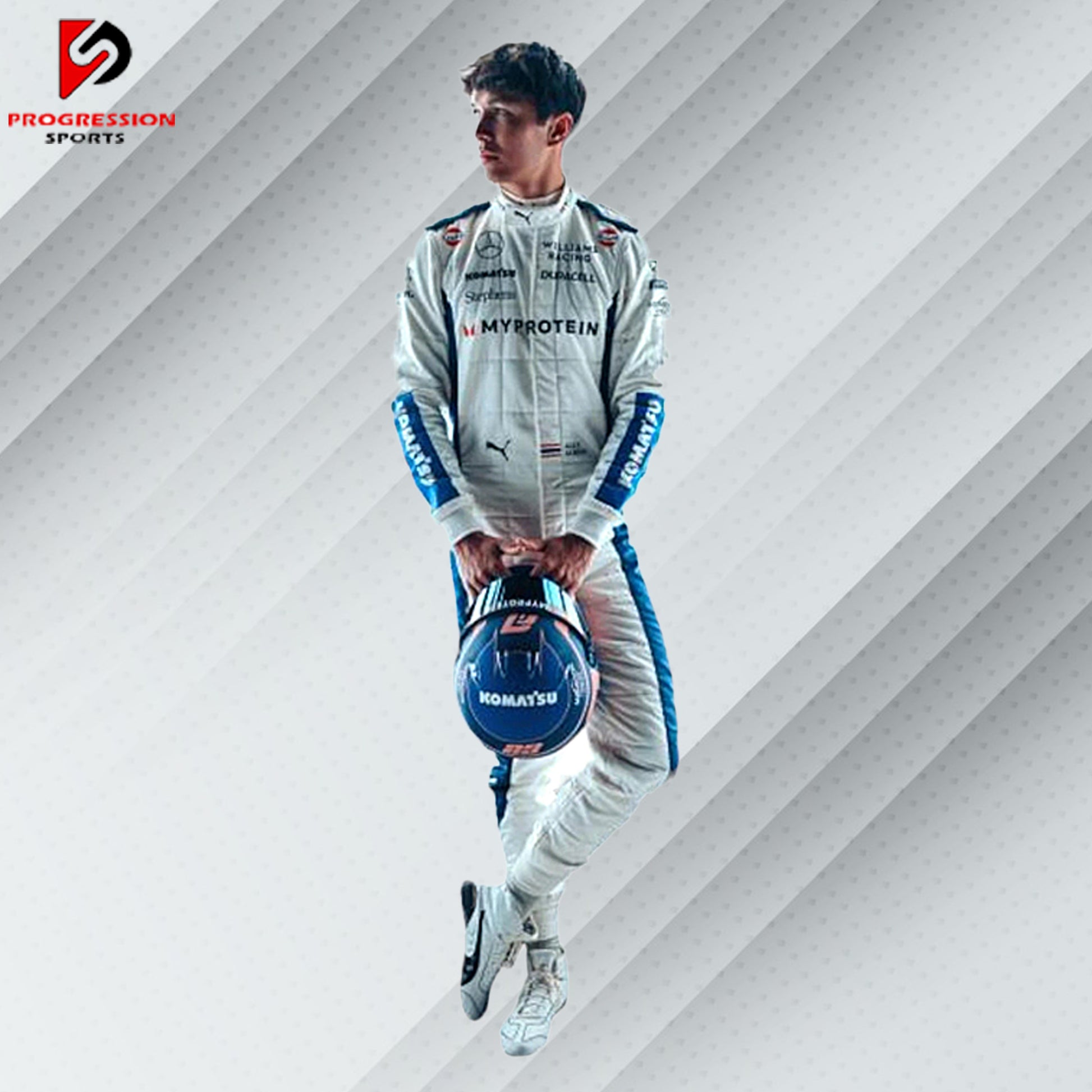 The 2024 Williams F1 racing suit features a striking combination of dark blue and white, accented with subtle red details. Crafted from advanced, lightweight, flame-resistant materials, it offers top-notch protection and comfort. Prominent Williams and primary sponsor logos adorn the suit, reflecting the team's rich history and modern design.