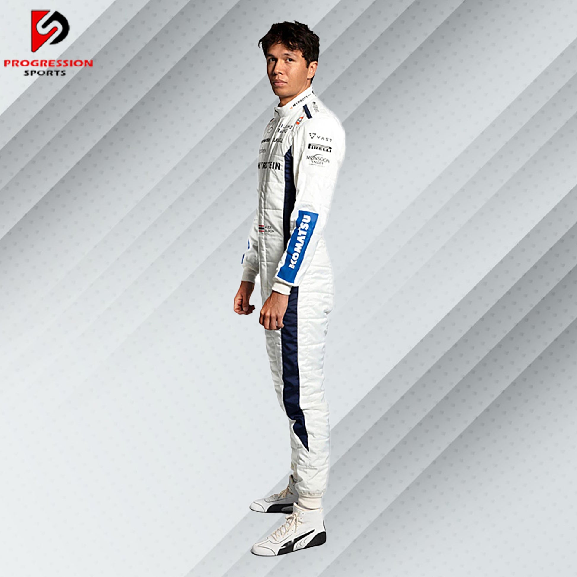 The 2024 Williams F1 racing suit features a striking combination of dark blue and white, accented with subtle red details. Crafted from advanced, lightweight, flame-resistant materials, it offers top-notch protection and comfort. Prominent Williams and primary sponsor logos adorn the suit, reflecting the team's rich history and modern design.