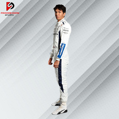 The 2024 Williams F1 racing suit features a striking combination of dark blue and white, accented with subtle red details. Crafted from advanced, lightweight, flame-resistant materials, it offers top-notch protection and comfort. Prominent Williams and primary sponsor logos adorn the suit, reflecting the team's rich history and modern design.