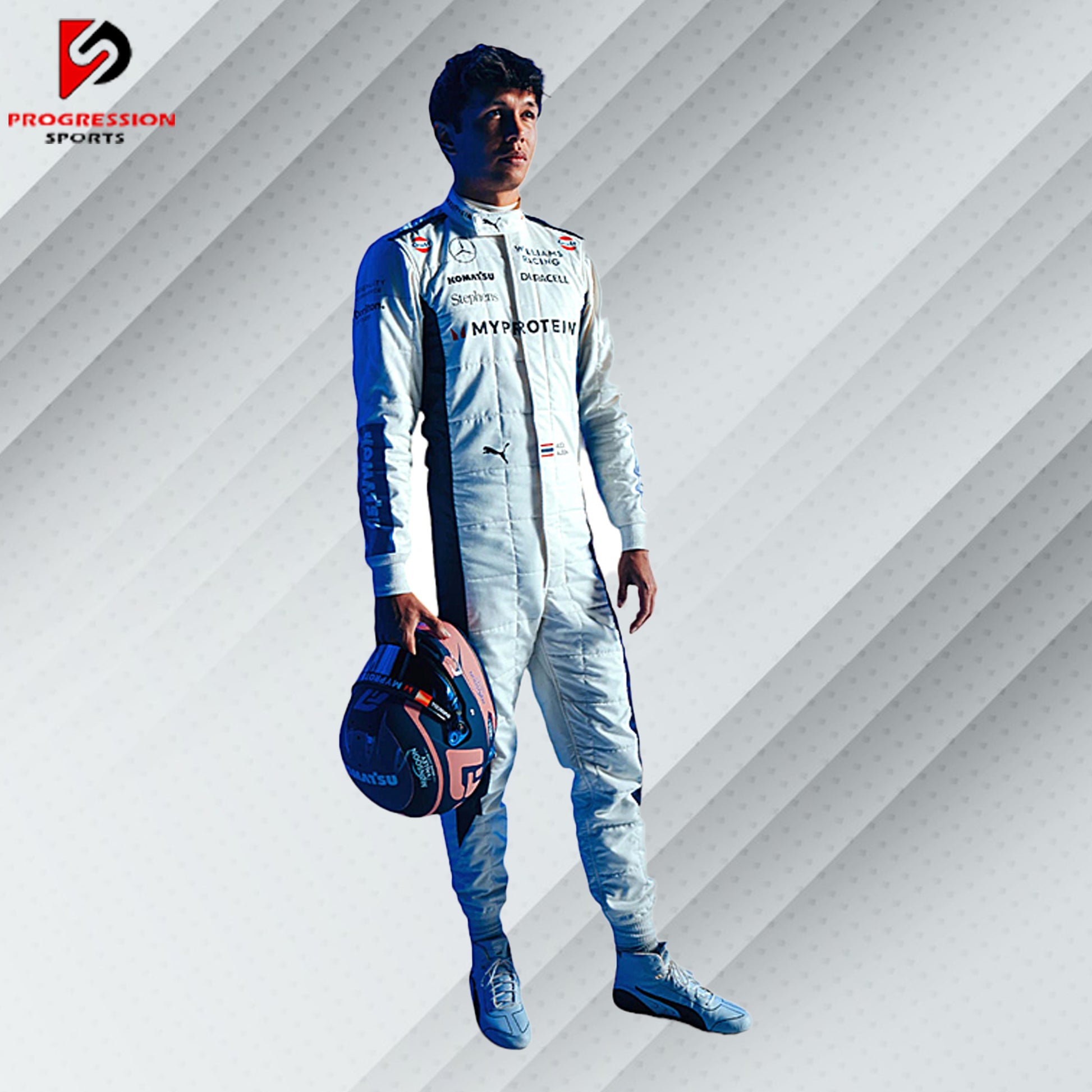 The 2024 Williams F1 racing suit features a striking combination of dark blue and white, accented with subtle red details. Crafted from advanced, lightweight, flame-resistant materials, it offers top-notch protection and comfort. Prominent Williams and primary sponsor logos adorn the suit, reflecting the team's rich history and modern design.