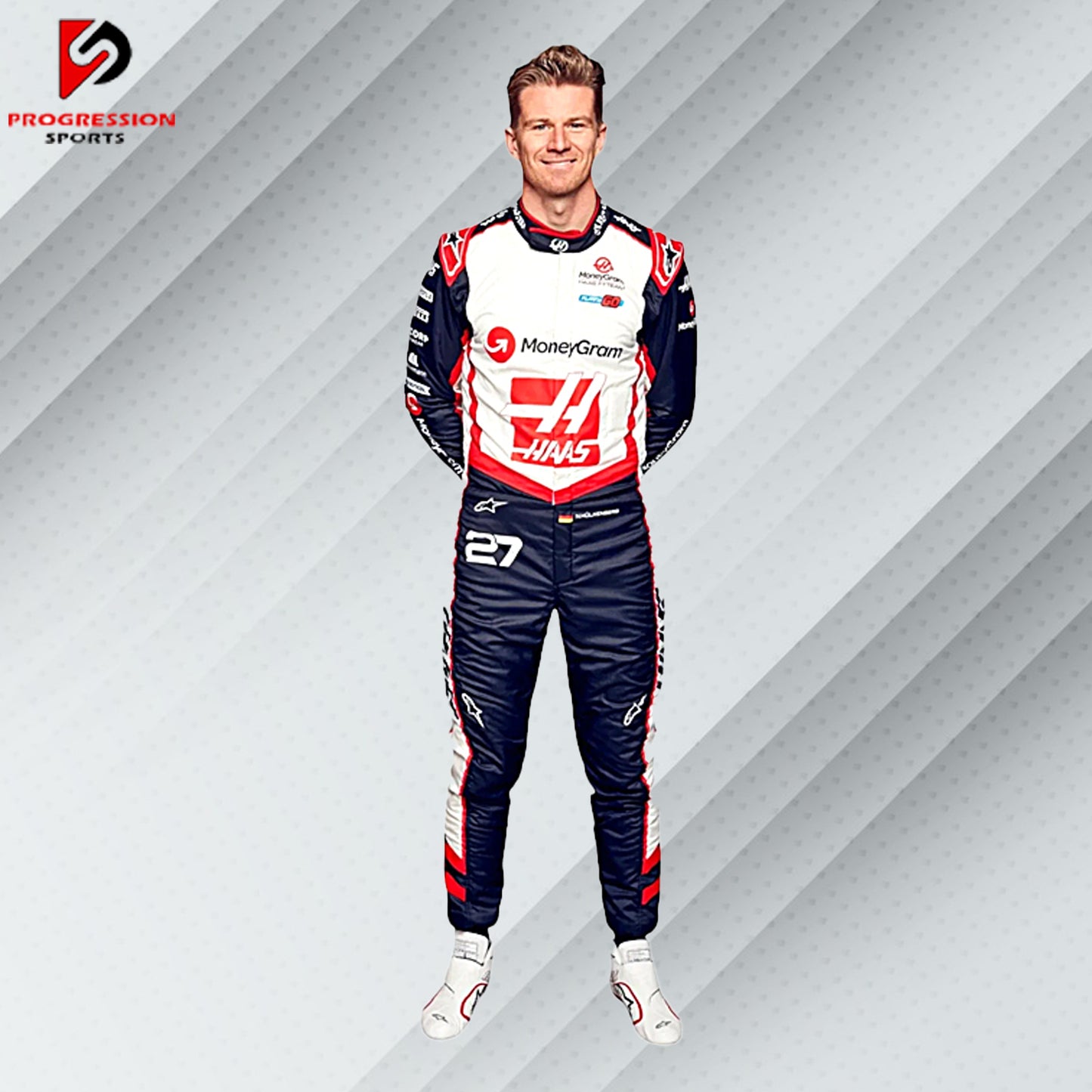 The 2024 Haas F1 racing suit showcases a bold red, white, and black color scheme, reflecting the team's dynamic spirit. With lightweight, fire-resistant materials, it combines safety with style, featuring prominent Haas and primary sponsor logos for a striking look on the track.