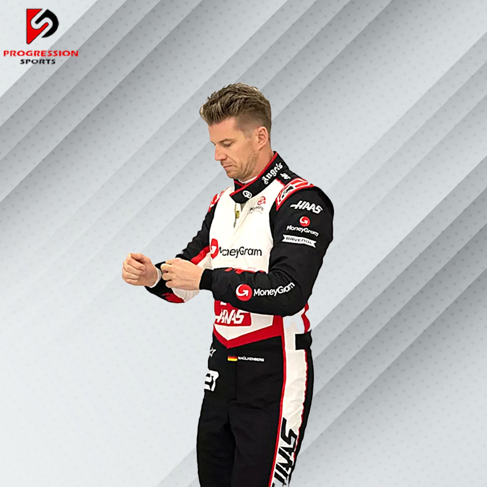 The 2024 Haas F1 racing suit showcases a bold red, white, and black color scheme, reflecting the team's dynamic spirit. With lightweight, fire-resistant materials, it combines safety with style, featuring prominent Haas and primary sponsor logos for a striking look on the track.