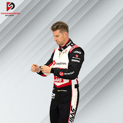 The 2024 Haas F1 racing suit showcases a bold red, white, and black color scheme, reflecting the team's dynamic spirit. With lightweight, fire-resistant materials, it combines safety with style, featuring prominent Haas and primary sponsor logos for a striking look on the track.