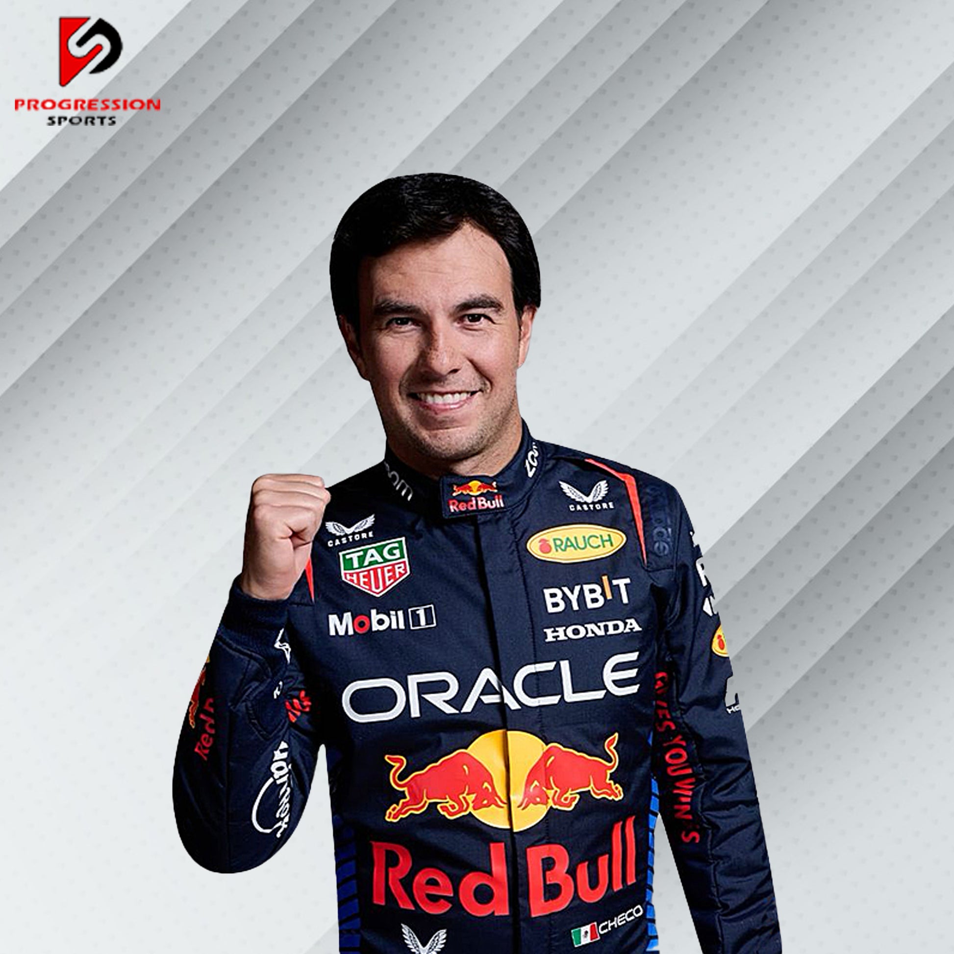 The 2024 Red Bull F1 racing suit is a vibrant blend of navy blue and bold red, with dynamic yellow accents. Made from cutting-edge, flame-resistant materials, it provides exceptional safety and comfort. The suit is emblazoned with Red Bull and key sponsor logos, capturing the energy and competitive spirit of the team.