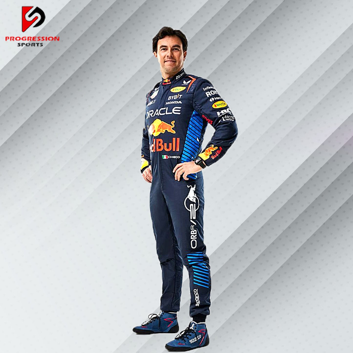 The 2024 Red Bull F1 racing suit is a vibrant blend of navy blue and bold red, with dynamic yellow accents. Made from cutting-edge, flame-resistant materials, it provides exceptional safety and comfort. The suit is emblazoned with Red Bull and key sponsor logos, capturing the energy and competitive spirit of the team.