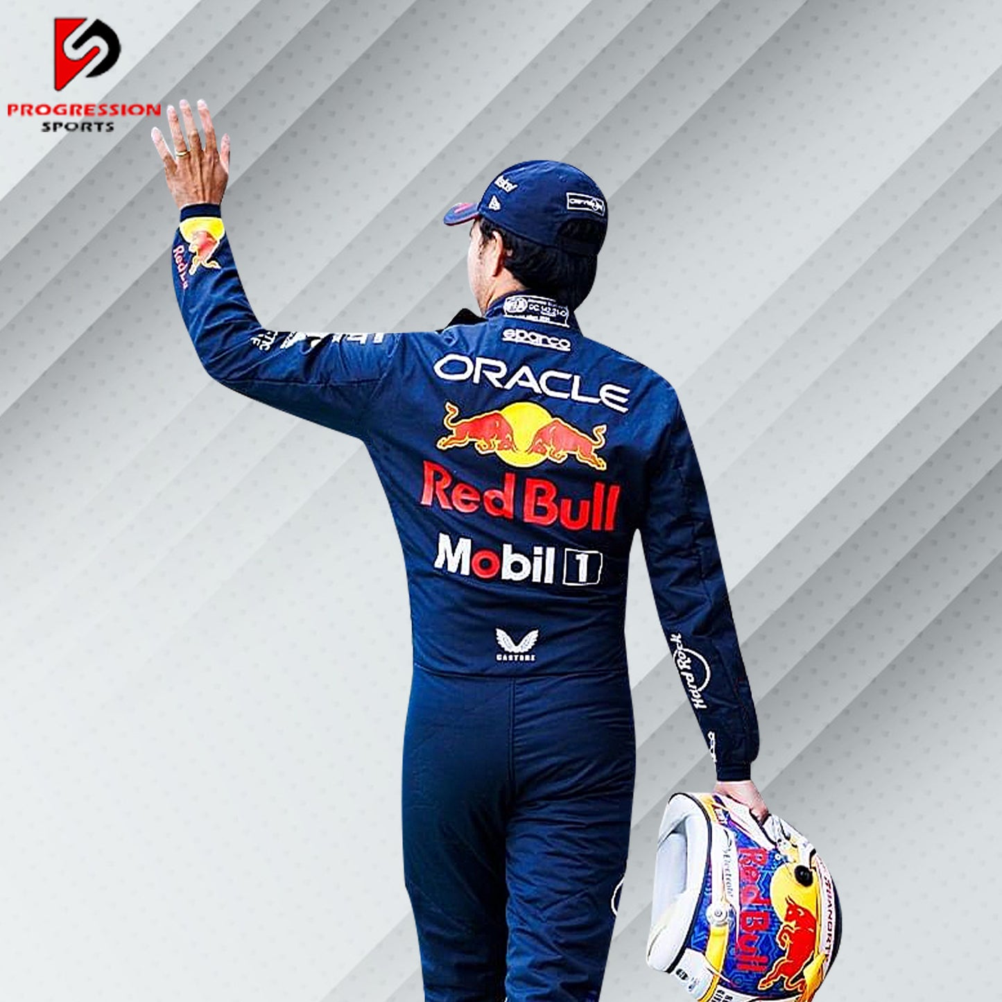 The 2024 Red Bull F1 racing suit is a vibrant blend of navy blue and bold red, with dynamic yellow accents. Made from cutting-edge, flame-resistant materials, it provides exceptional safety and comfort. The suit is emblazoned with Red Bull and key sponsor logos, capturing the energy and competitive spirit of the team.