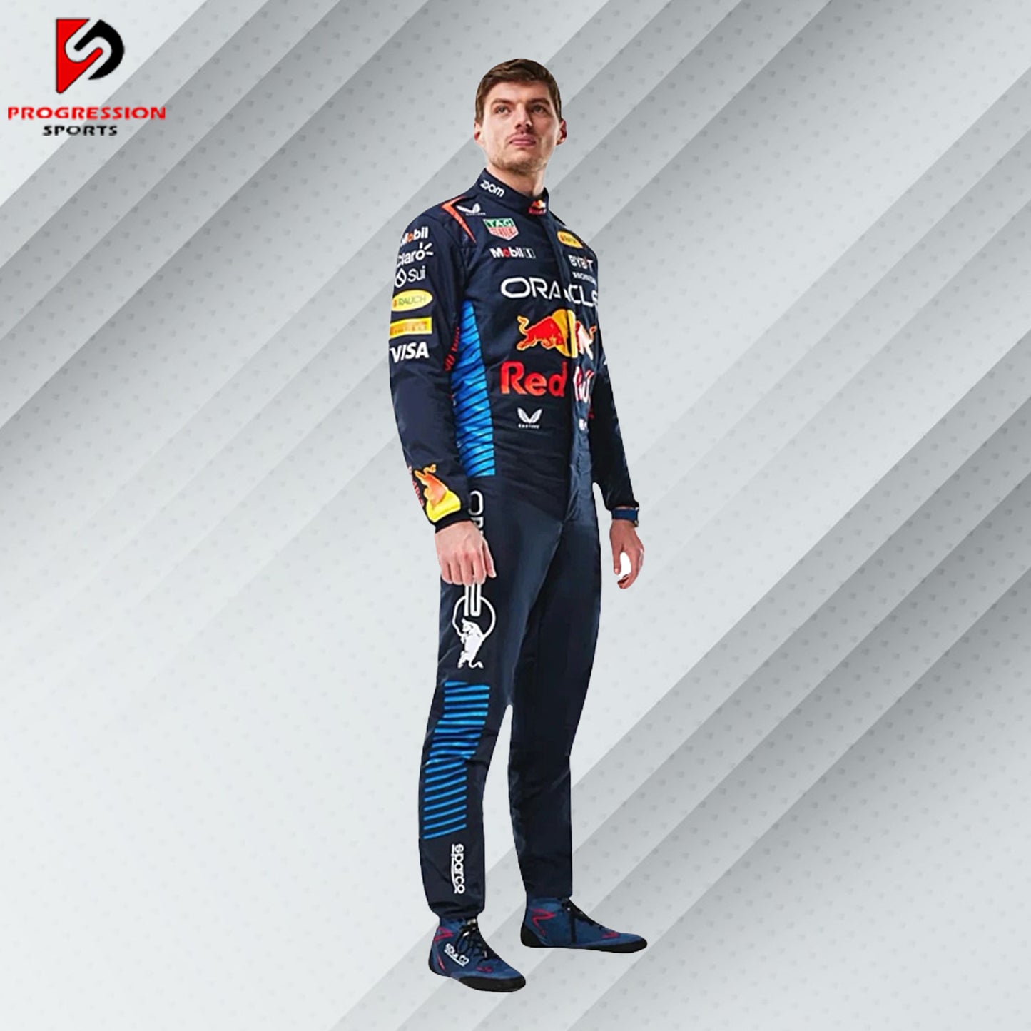 The 2024 Red Bull F1 racing suit is a vibrant blend of navy blue and bold red, with dynamic yellow accents. Made from cutting-edge, flame-resistant materials, it provides exceptional safety and comfort. The suit is emblazoned with Red Bull and key sponsor logos, capturing the energy and competitive spirit of the team.