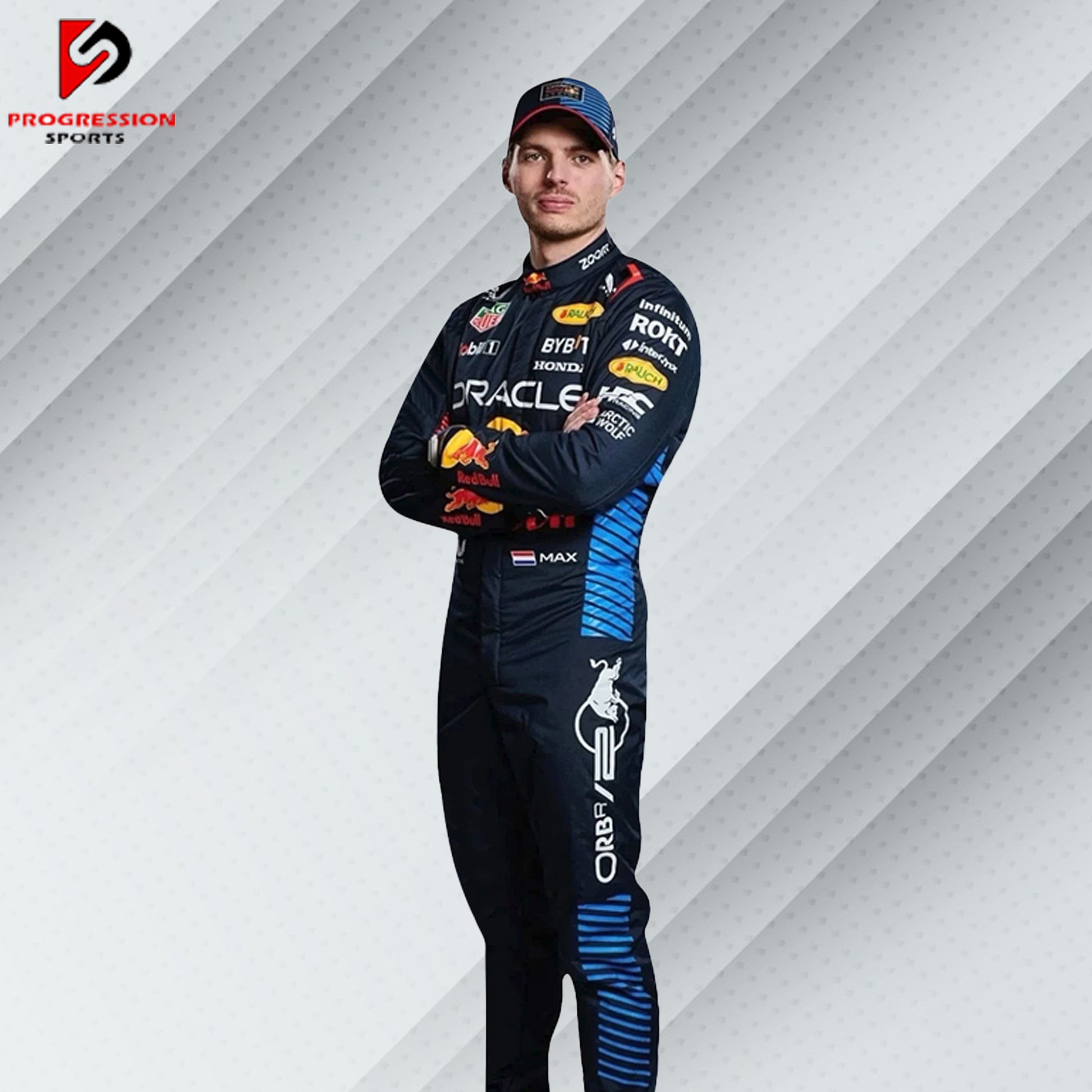 The 2024 Red Bull F1 racing suit is a vibrant blend of navy blue and bold red, with dynamic yellow accents. Made from cutting-edge, flame-resistant materials, it provides exceptional safety and comfort. The suit is emblazoned with Red Bull and key sponsor logos, capturing the energy and competitive spirit of the team.