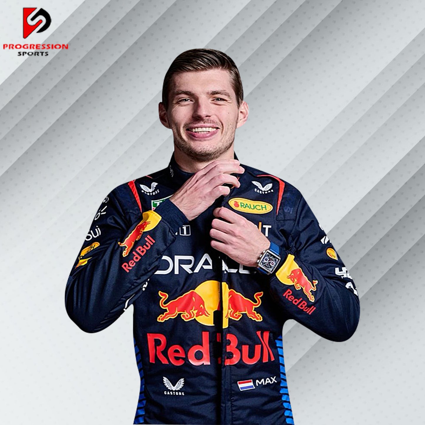 The 2024 Red Bull F1 racing suit is a vibrant blend of navy blue and bold red, with dynamic yellow accents. Made from cutting-edge, flame-resistant materials, it provides exceptional safety and comfort. The suit is emblazoned with Red Bull and key sponsor logos, capturing the energy and competitive spirit of the team.