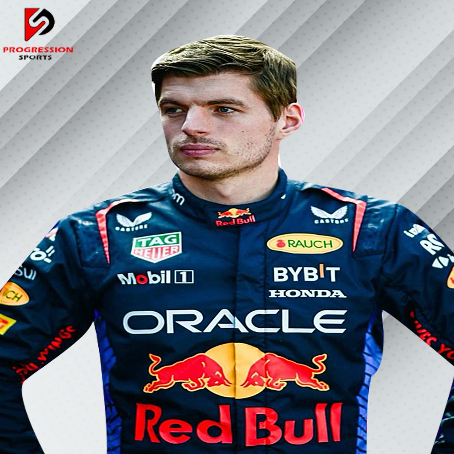 The 2024 Red Bull F1 racing suit is a vibrant blend of navy blue and bold red, with dynamic yellow accents. Made from cutting-edge, flame-resistant materials, it provides exceptional safety and comfort. The suit is emblazoned with Red Bull and key sponsor logos, capturing the energy and competitive spirit of the team.