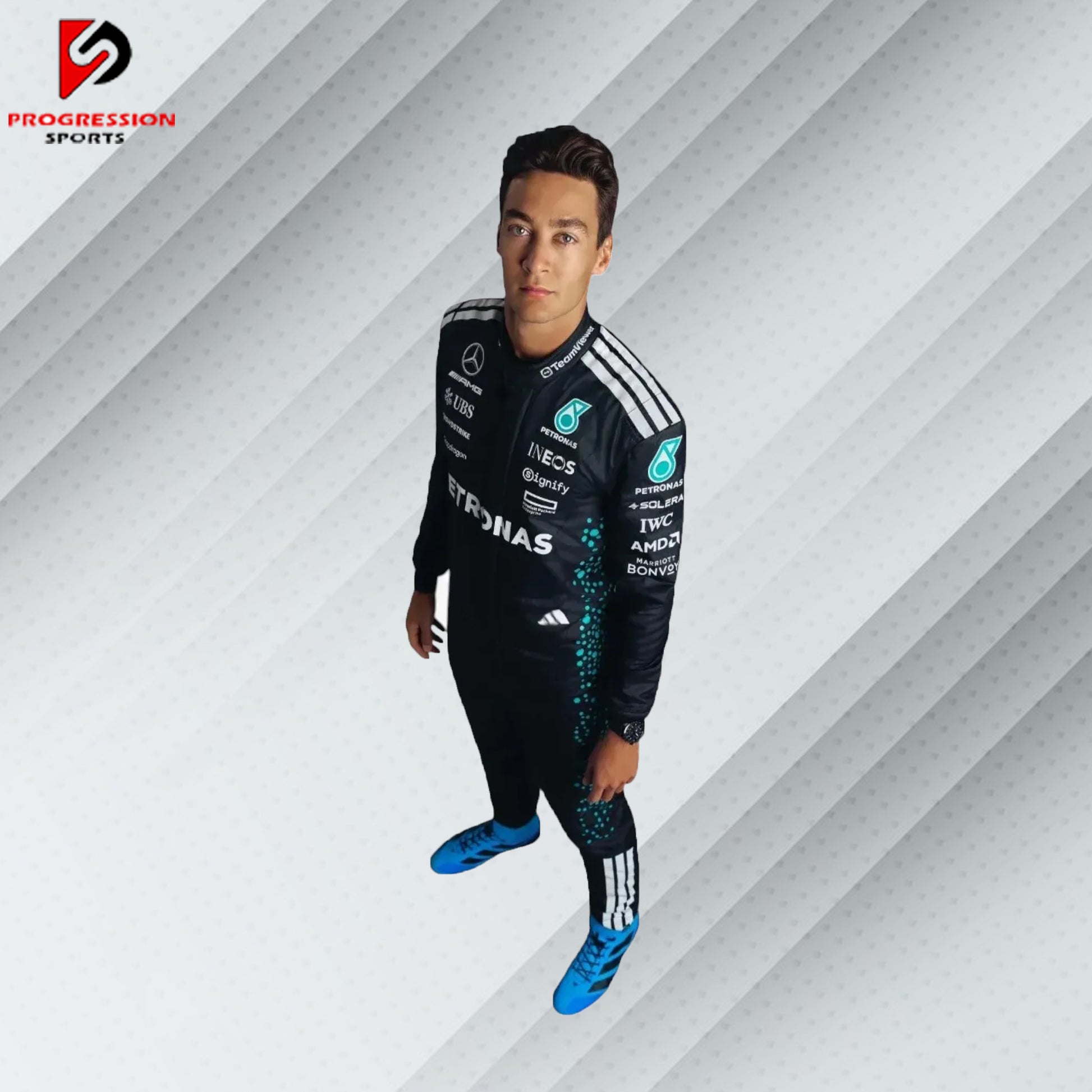 2025 George Russell Mercedes F1 Race Suit – Premium replica with authentic design, available at Progression Sports with free worldwide shipping.