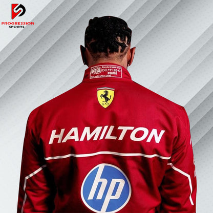 2025 Lewis Hamilton Ferrari F1 Race Suit in Ferrari red with black and yellow accents taking inspiration from his debut season.