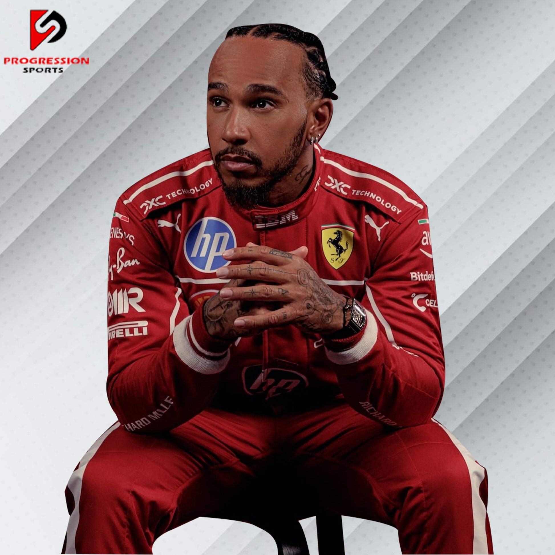 2025 Lewis Hamilton Ferrari F1 Race Suit in Ferrari red with black and yellow accents taking inspiration from his debut season.