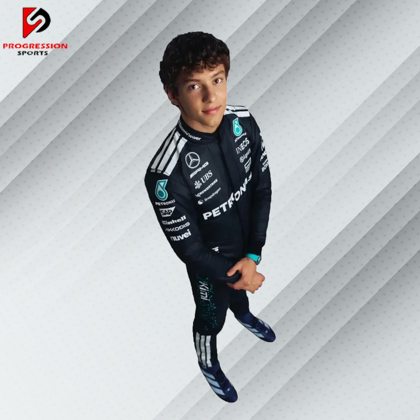 2025 George Russell Mercedes F1 Race Suit – Premium replica with authentic design, available at Progression Sports with free worldwide shipping.