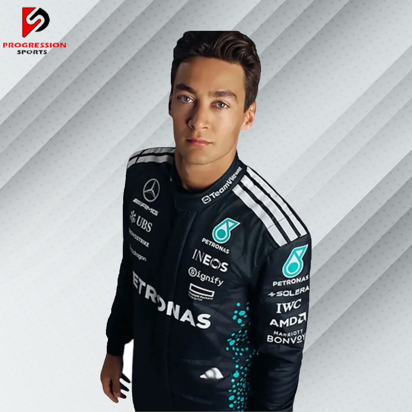 2025 George Russell Mercedes F1 Race Suit – Premium replica with authentic design, available at Progression Sports with free worldwide shipping.