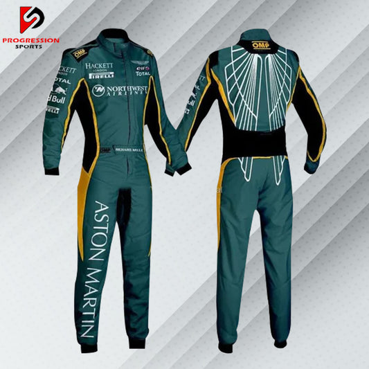 "Aston Martin F1 Team Race Suit in British Racing Green with lime accents, featuring sponsor logos and the Aston Martin wings emblem, designed for the 2024 season."