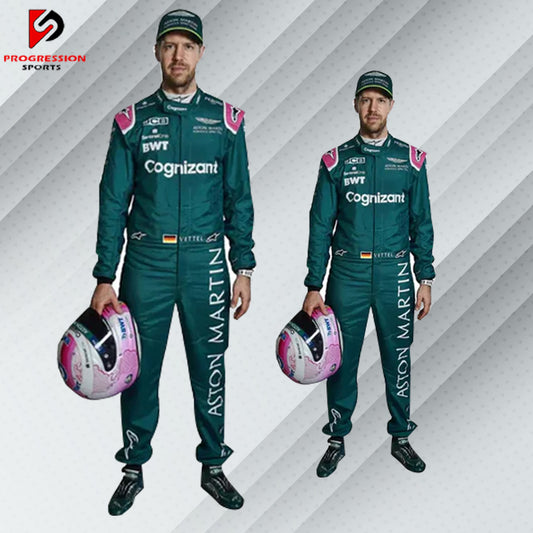 "Aston Martin F1 Team Race Suit in British Racing Green with lime accents, featuring sponsor logos and the Aston Martin wings emblem, designed for the 2024 season."