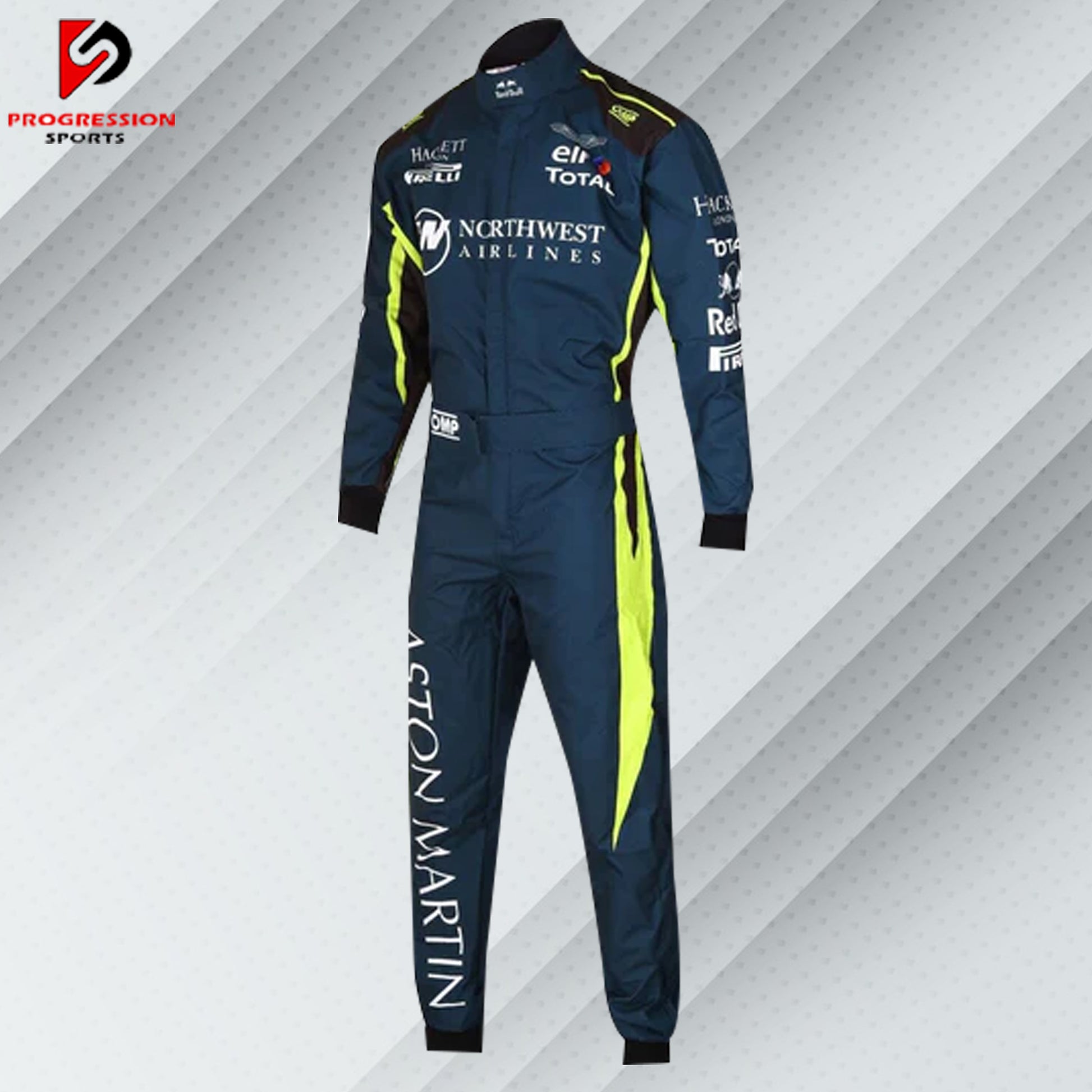  "Aston Martin F1 Team Race Suit in British Racing Green with lime accents, featuring sponsor logos and the Aston Martin wings emblem, designed for the 2024 season."