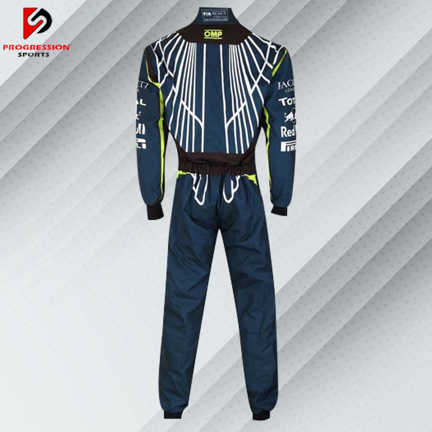  "Aston Martin F1 Team Race Suit in British Racing Green with lime accents, featuring sponsor logos and the Aston Martin wings emblem, designed for the 2024 season."