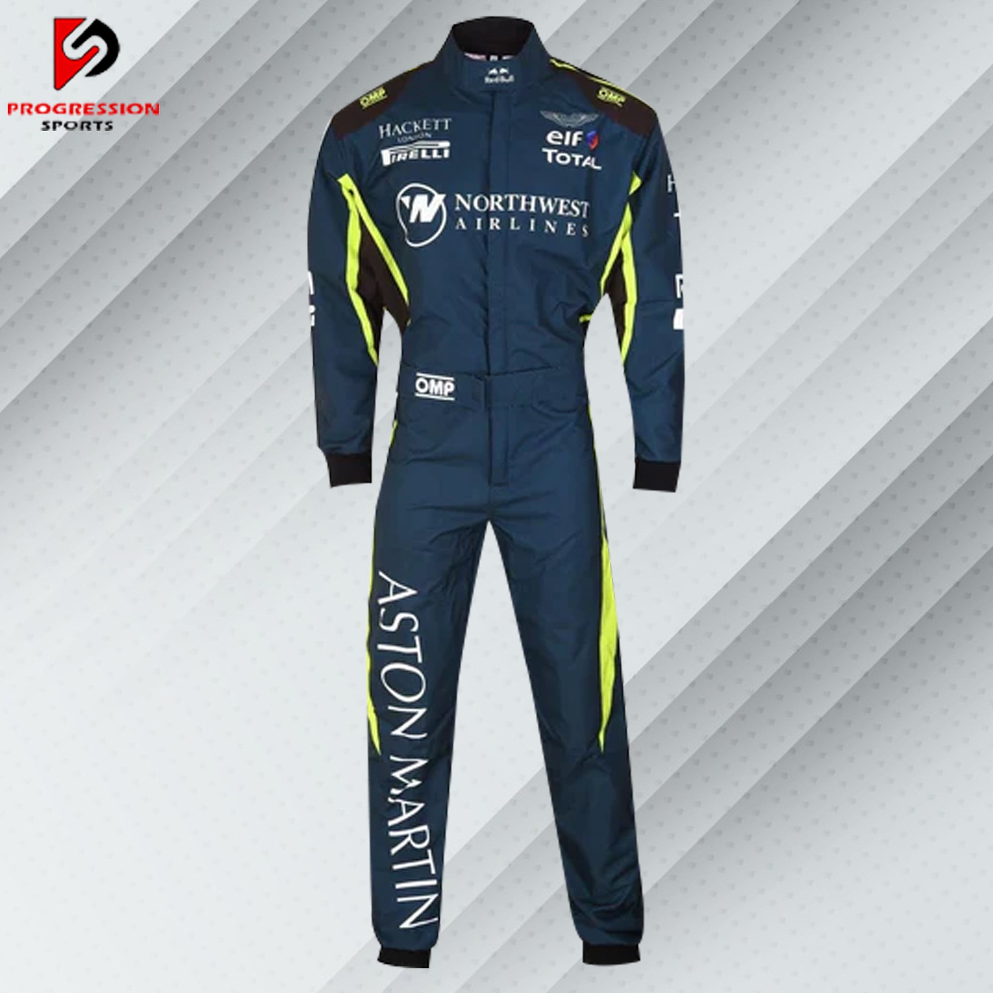  "Aston Martin F1 Team Race Suit in British Racing Green with lime accents, featuring sponsor logos and the Aston Martin wings emblem, designed for the 2024 season."