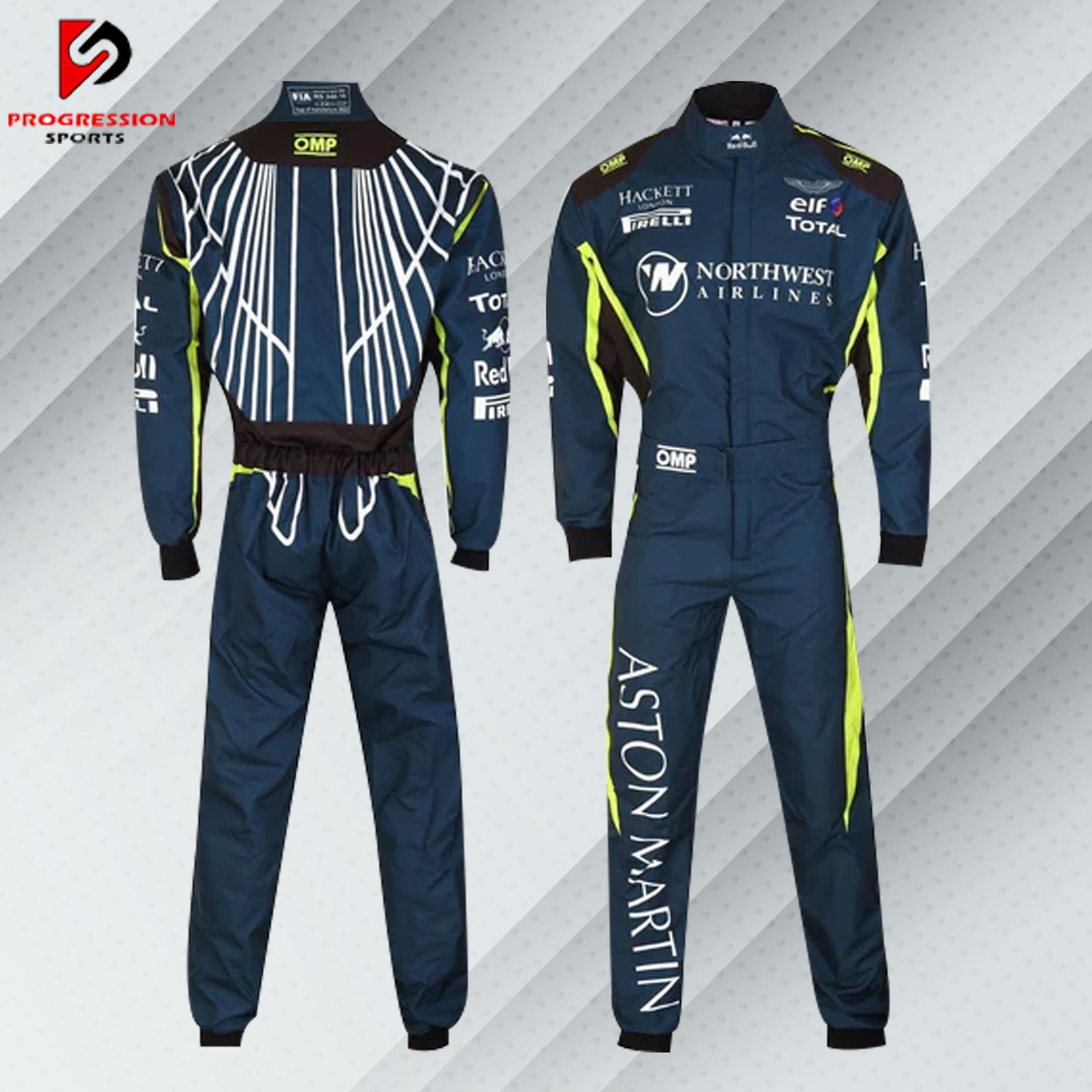  "Aston Martin F1 Team Race Suit in British Racing Green with lime accents, featuring sponsor logos and the Aston Martin wings emblem, designed for the 2024 season."