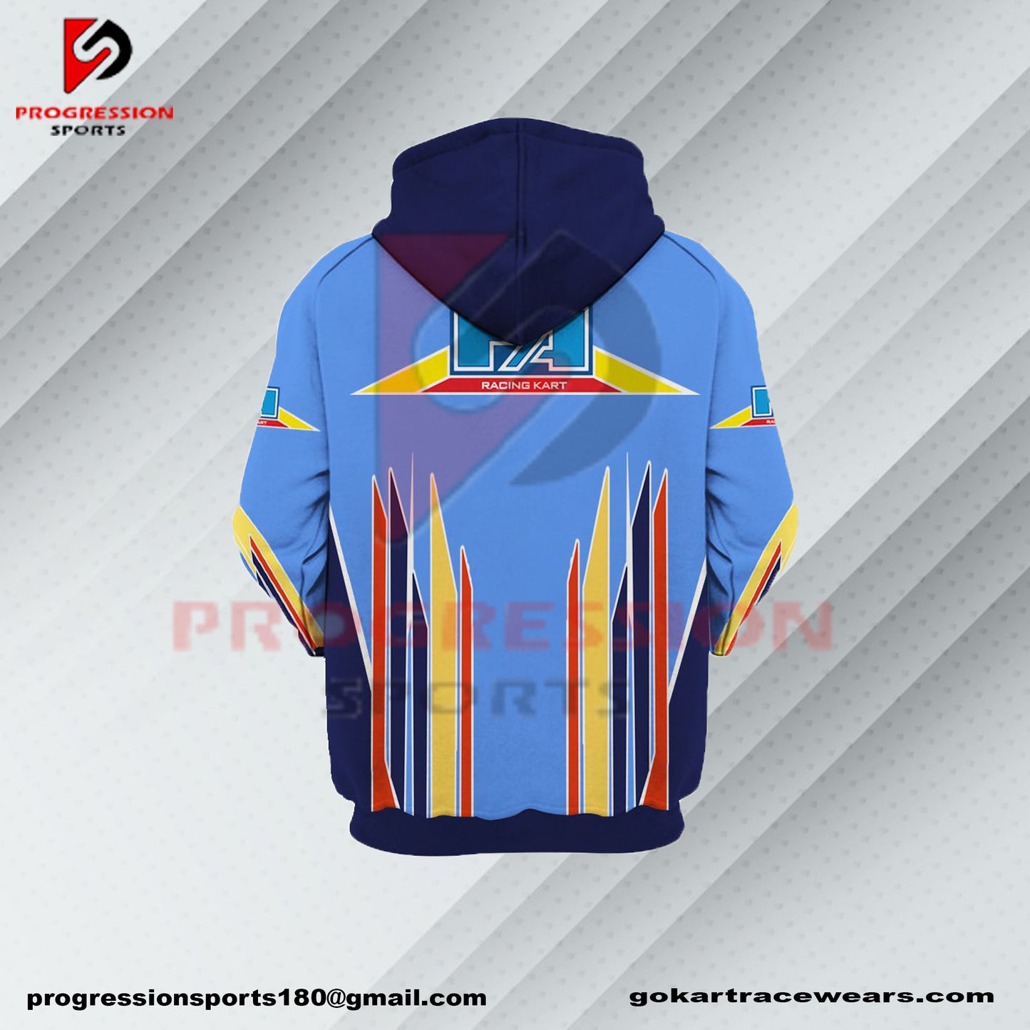 A F1 hoodie designed by Progression Sports, showcasing bold racing-inspired graphics. The hoodie features advanced printing technology for crisp, vibrant designs, a tailored fit for comfort, and durable, breathable fabric. Personalized name and flag options available.