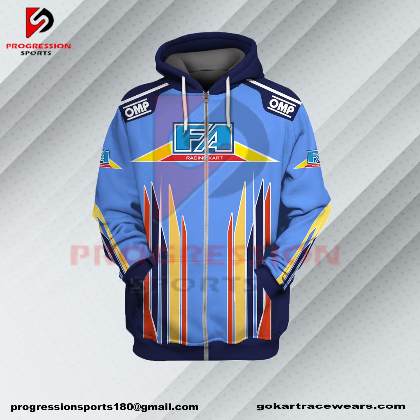 A F1 hoodie designed by Progression Sports, showcasing bold racing-inspired graphics. The hoodie features advanced printing technology for crisp, vibrant designs, a tailored fit for comfort, and durable, breathable fabric. Personalized name and flag options available.