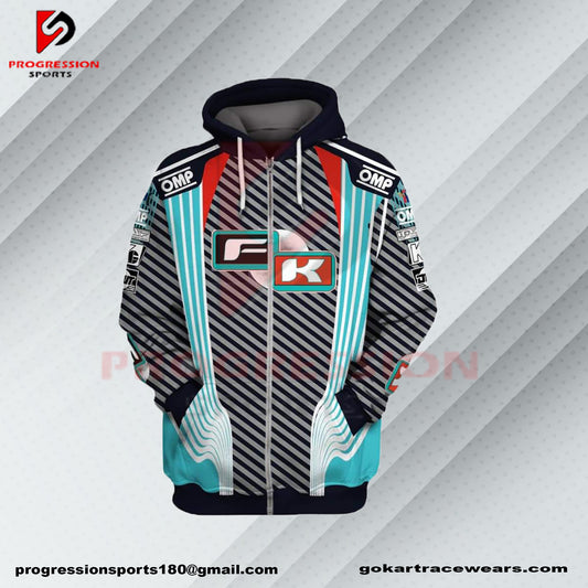 A F1 hoodie designed by Progression Sports, showcasing bold racing-inspired graphics. The hoodie features advanced printing technology for crisp, vibrant designs, a tailored fit for comfort, and durable, breathable fabric. Personalized name and flag options available.