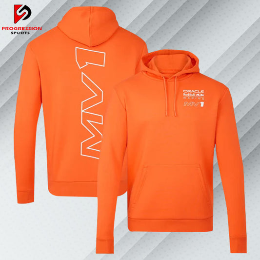 A F1 hoodie designed by Progression Sports, showcasing bold racing-inspired graphics. The hoodie features advanced printing technology for crisp, vibrant designs, a tailored fit for comfort, and durable, breathable fabric. Personalized name and flag options available.