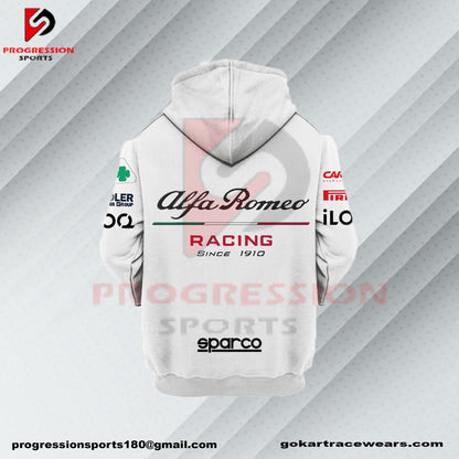 A F1 hoodie designed by Progression Sports, showcasing bold racing-inspired graphics. The hoodie features advanced printing technology for crisp, vibrant designs, a tailored fit for comfort, and durable, breathable fabric. Personalized name and flag options available.