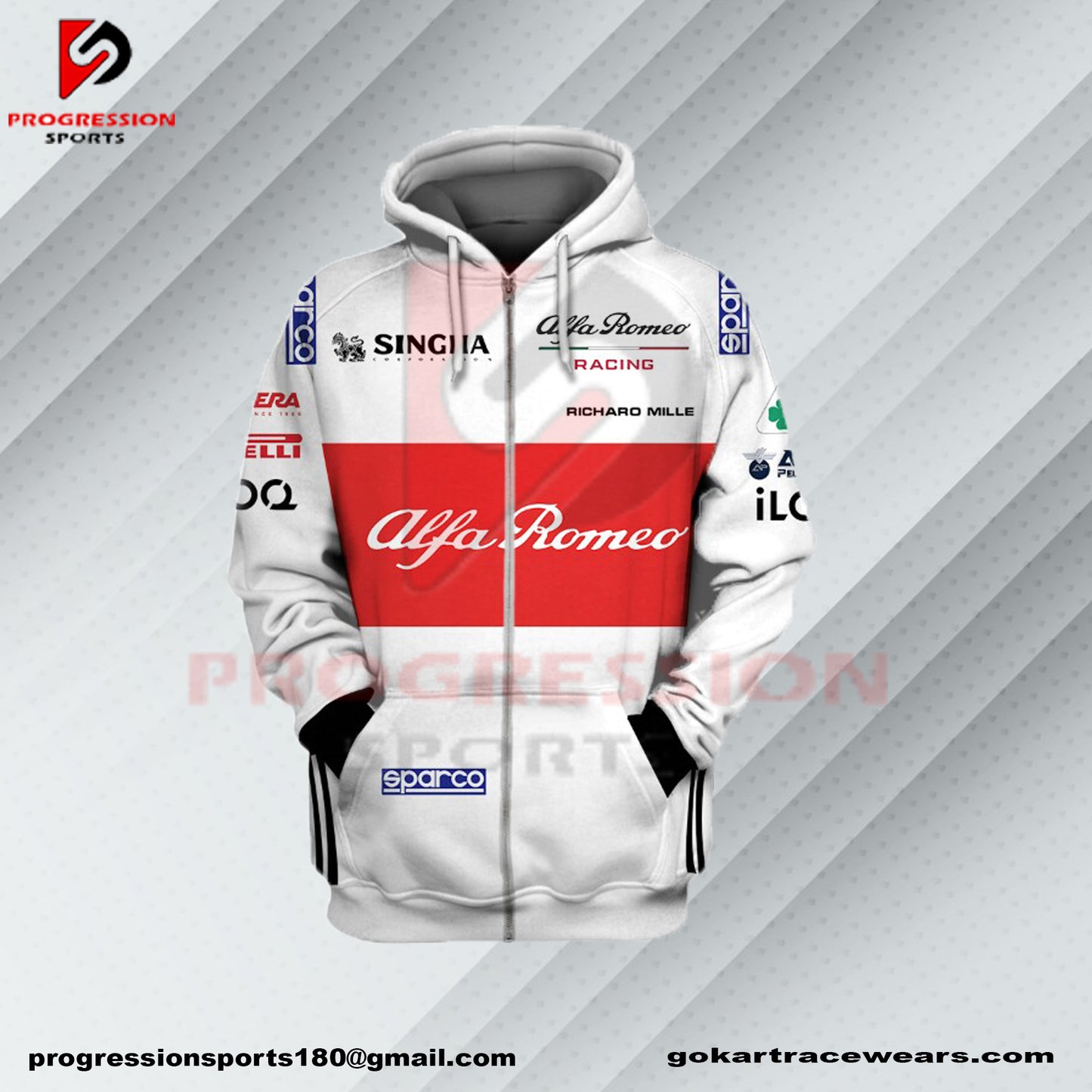 A F1 hoodie designed by Progression Sports, showcasing bold racing-inspired graphics. The hoodie features advanced printing technology for crisp, vibrant designs, a tailored fit for comfort, and durable, breathable fabric. Personalized name and flag options available.