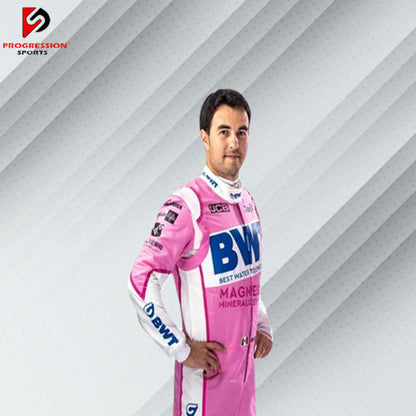  "A sleek Alpine F1 Team race suit in blue with white and red accents, featuring the Alpine logo and sponsors' branding. The suit is designed for maximum comfort and performance, with reinforced stitching and advanced breathable fabric."