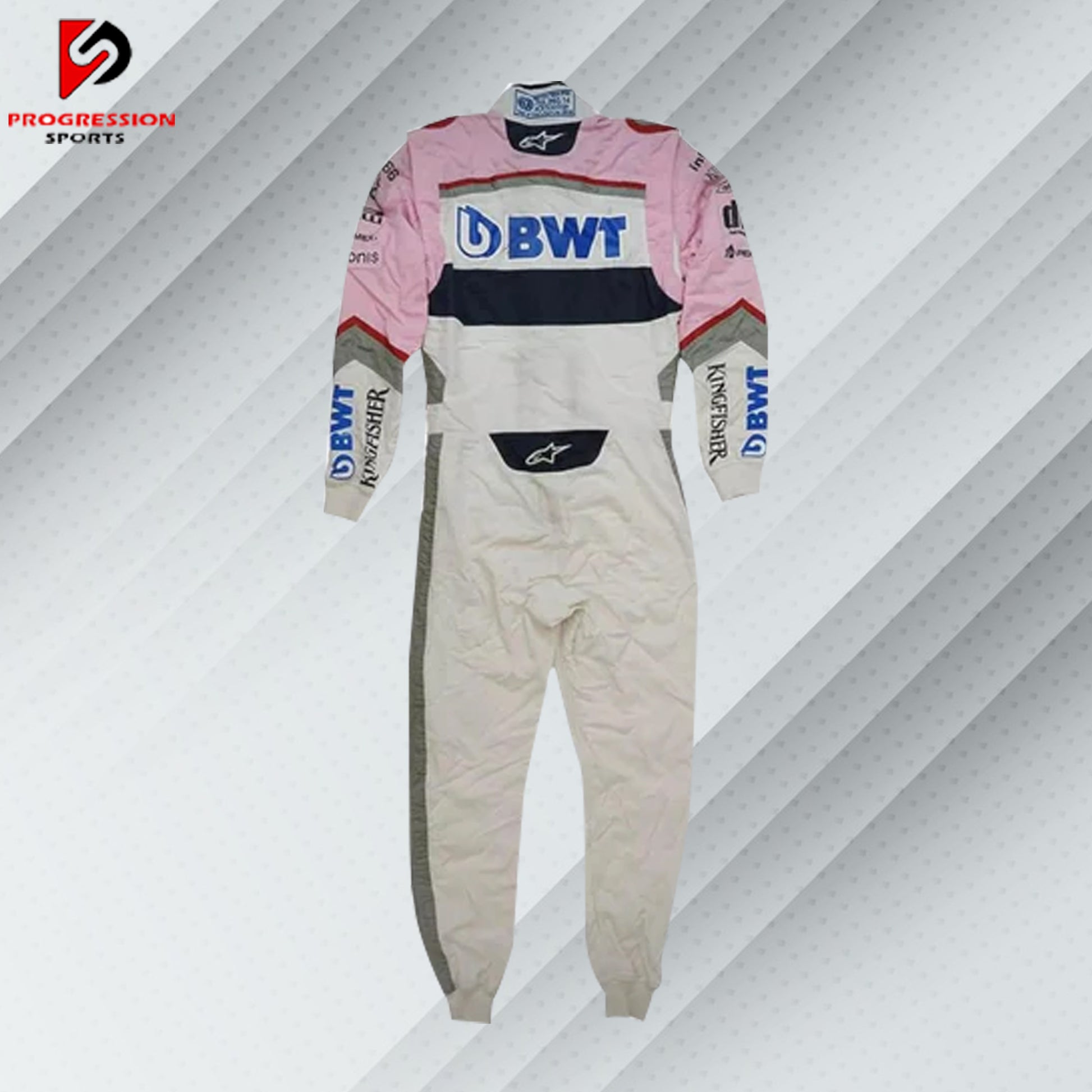 Featuring a perfect blend of comfort, resilience, and design, the 2020 Siergo Perez And Lance Stroll BWT Alpine F1 Race Suit  REPLICA will enhance your karting experience.  Product Highlights:  The Esteban Ocon CIK-FIA – British Gp Level 2 approved suit is made of high-quality nylon fabric with a cotton towel lining. The highest quality sublimation graphics printing that will never crack, peel, or fade. Reliable top-tier fabric. All colors are available. This race suit exudes confidence with its clean, mini