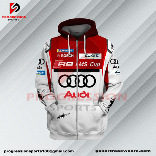 A F1 hoodie designed by Progression Sports, showcasing bold racing-inspired graphics. The hoodie features advanced printing technology for crisp, vibrant designs, a tailored fit for comfort, and durable, breathable fabric. Personalized name and flag options available.